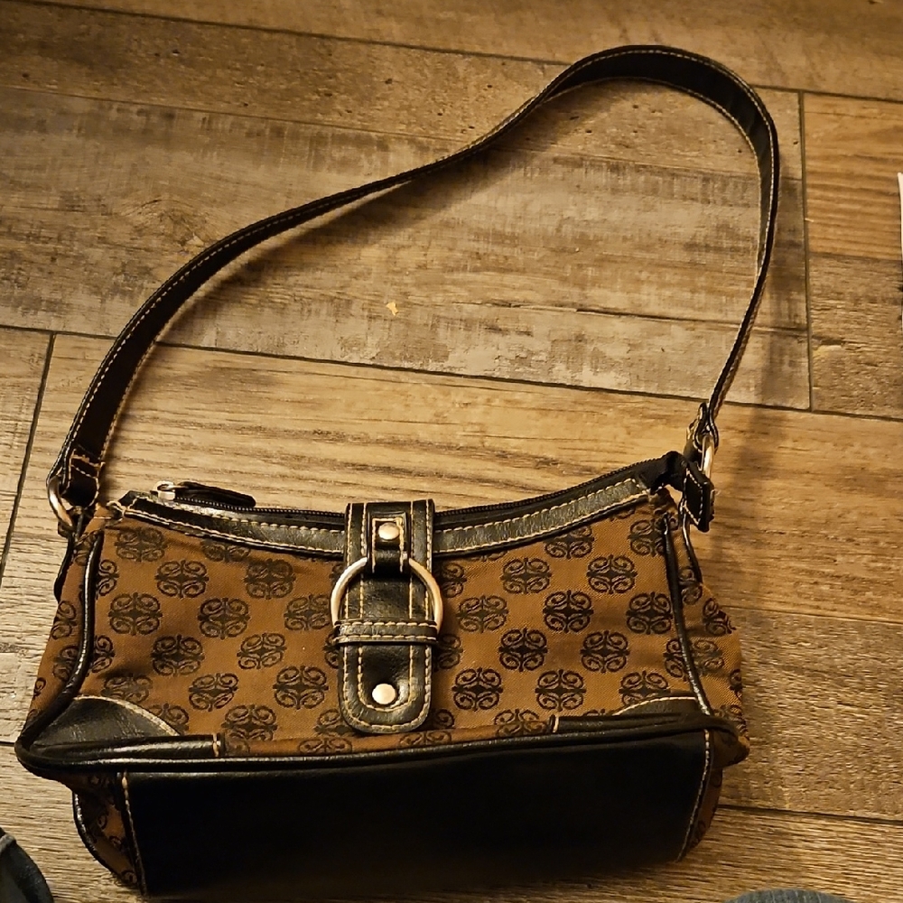 Classic Brown and Black Canvas Shoulder Bag with Leather Trim